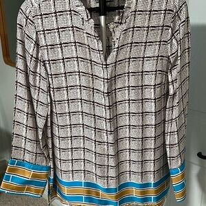 J. Crew Collection Brown and White Silk Tunic with Blue and Gold Accents
